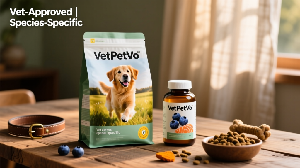 FurPetVo-branded dog food bag and supplement bottle side-by-side, emphasizing vet-approved, species-specific formulation