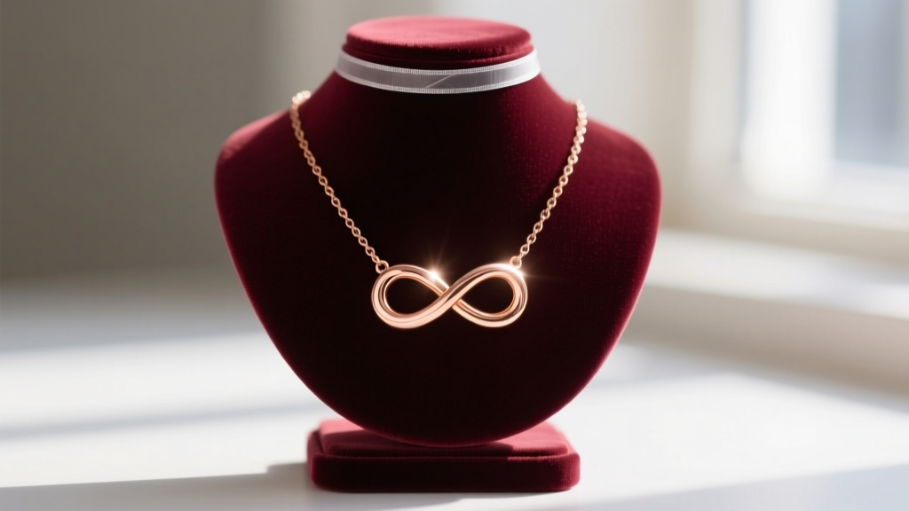 Rose gold infinity necklace draped on a velvet jewelry stand, with an anti-tarnish strip visible in the softly blurred background.