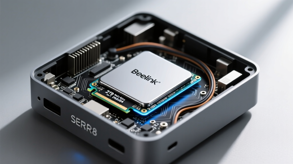 Close-up of a Beelink SER8 mini PC with its bottom panel removed, revealing a newly installed wholesale 2TB PCIe Gen4 NVMe SSD.
