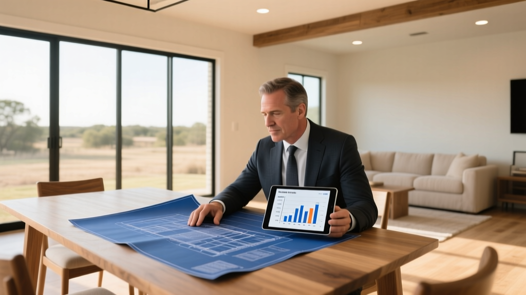 Architect reviewing blueprints and a tablet showing construction loan draw schedules on a table inside a framed Texas home.