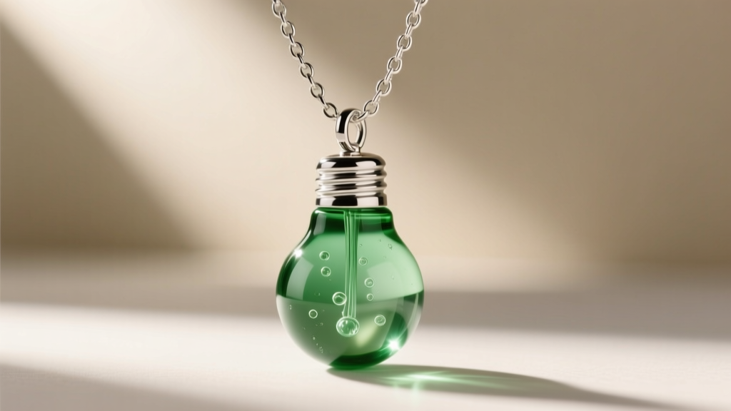 Close-up of a 1.2mm sterling silver box chain threading through the bail of a translucent green glass christmas bulb pendant.