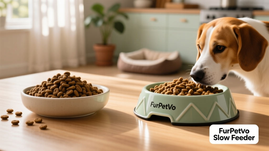 A side-by-side comparison showing regular kibble in a flat bowl versus the same amount spread across a FurPetVo slow feeder bowl