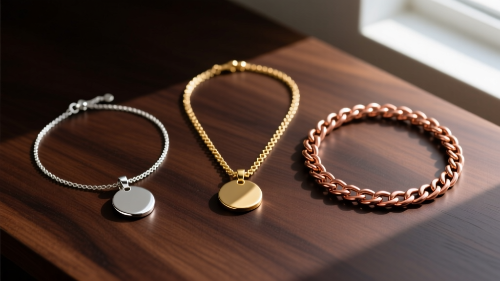 Flat lay of three initial necklaces showing varying chain thicknesses and pendant finishes against a dark wood background surface