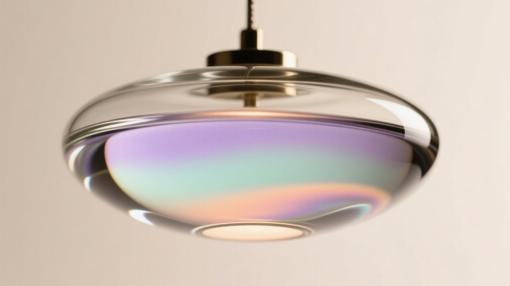 Macro shot of a glass mood pendant revealing the internal thermochromic liquid crystal layer under soft, warm studio lighting.