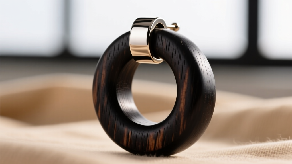 Macro view of a titanium grommet inserted into an ebony wood hoop earring, highlighting the seamless joint between metal and wood.