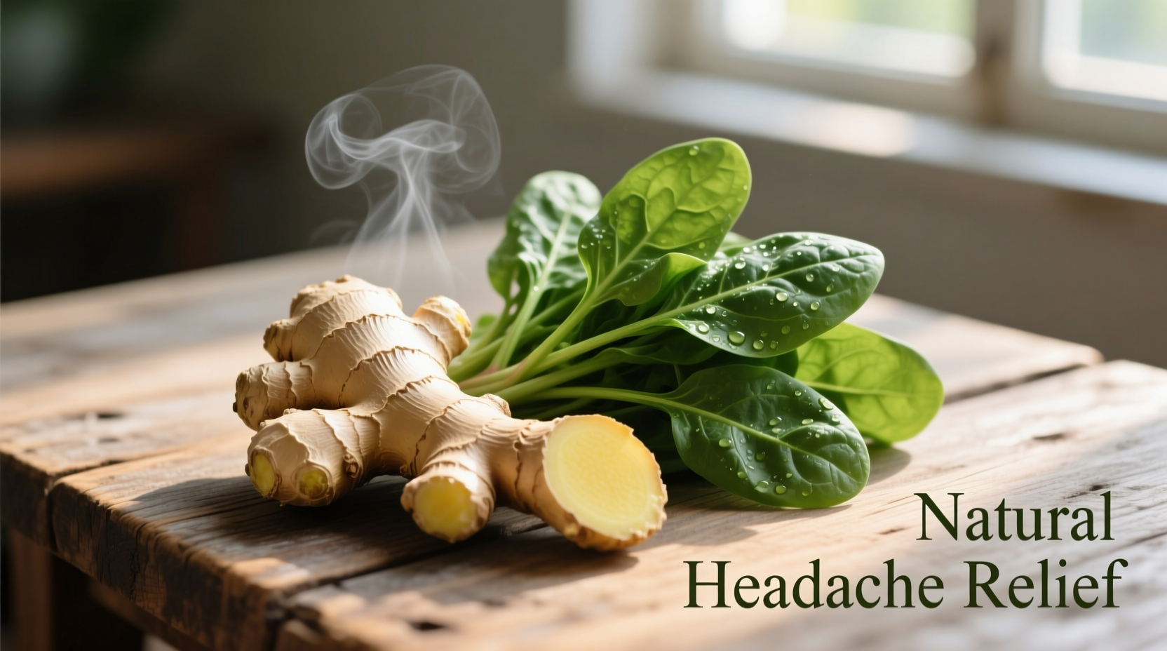 Fresh ginger root and spinach for natural headache relief