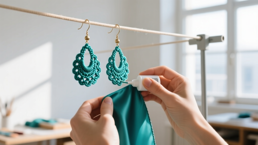 Hands applying fabric stiffener to teal silk crochet drop earrings on a drying rack in a bright, sunlit craft studio space.