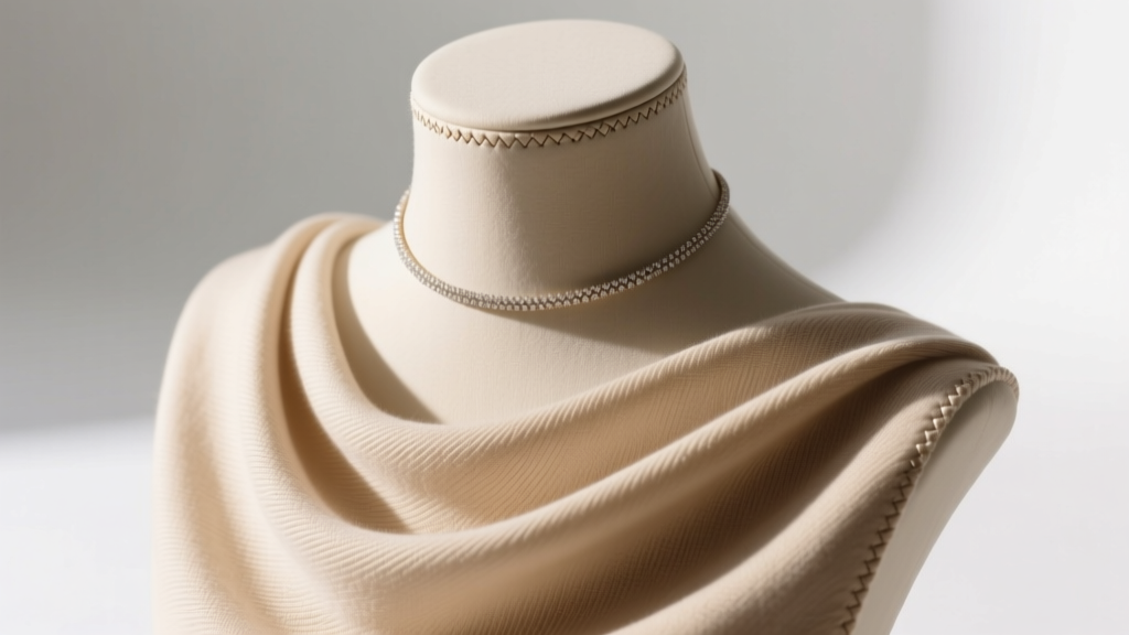 Macro shot of beige cotton fabric on a jewelry bust, showing tight weave and seamless stitching along the curved collarbone edge.