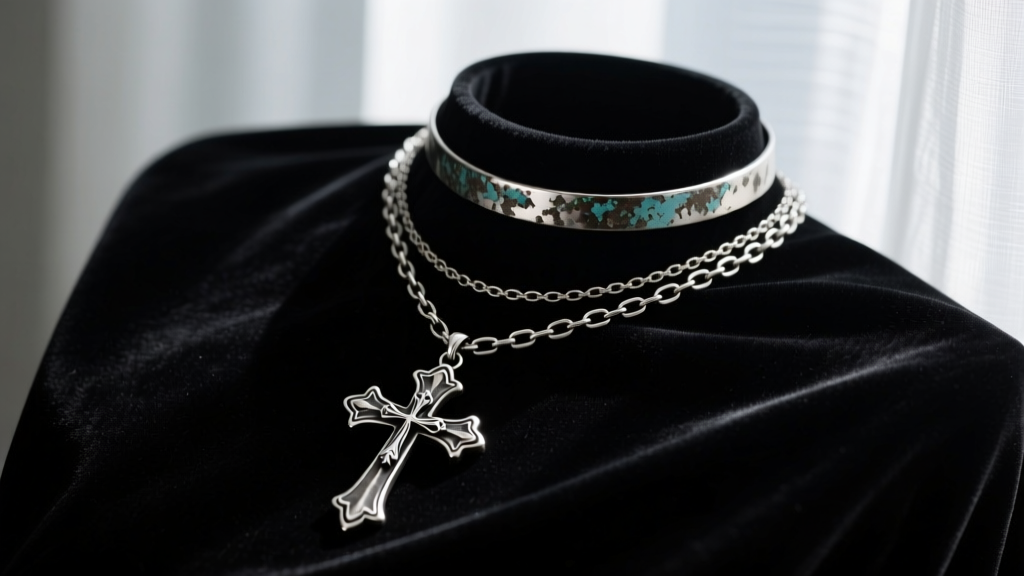 Flat lay of layered oxidized silver cross necklaces on black velvet, featuring a choker and gothic pendant under moody lighting.