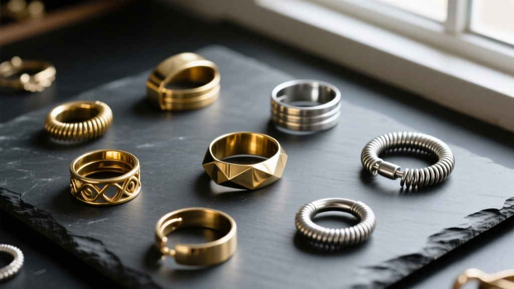 Overhead view of brass, silver, and steel spring ring clasps scattered across a dark slate jeweler