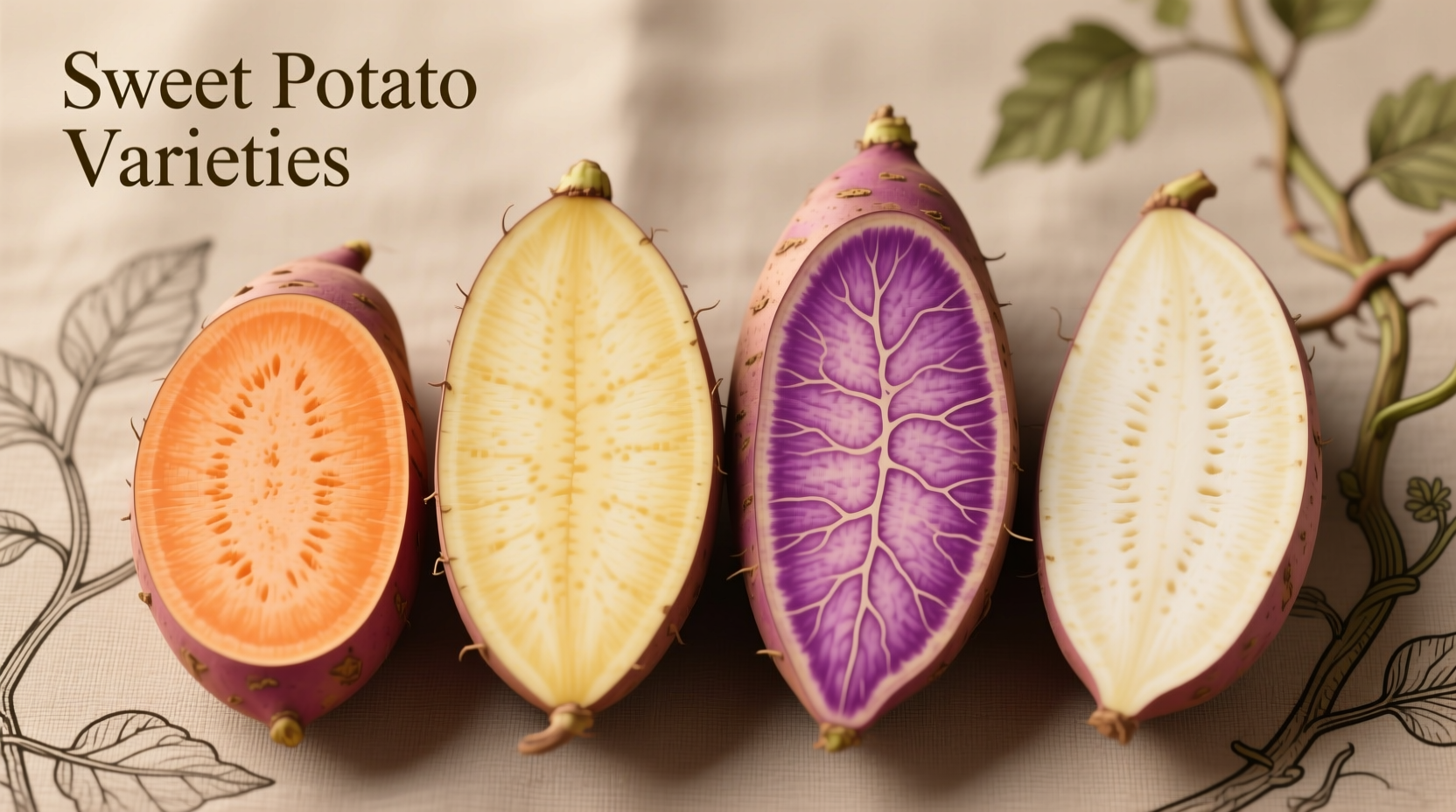 Four sweet potato varieties sliced open showing color differences