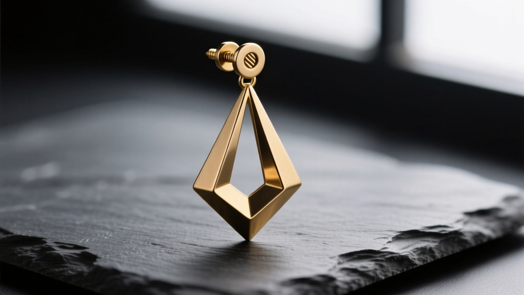 Macro shot of a heavy brass geometric drop earring with a secure screw-back post, resting on a dark slate surface.