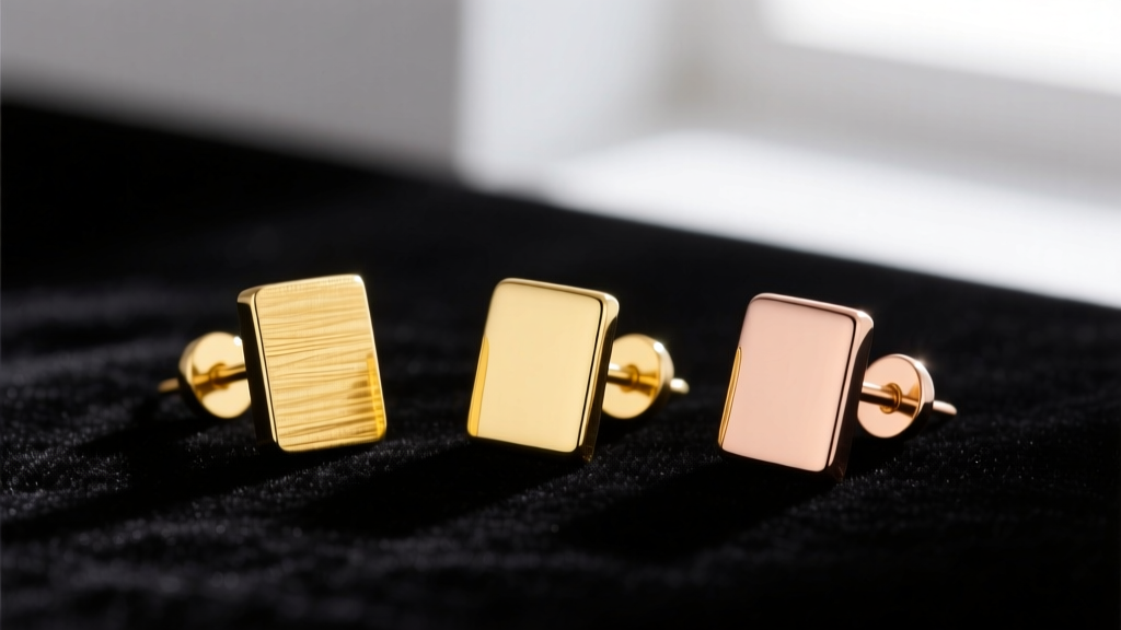 Macro photo of three earring posts showing 18k rich yellow, 14k pale yellow, and rose gold variations resting on dark velvet.