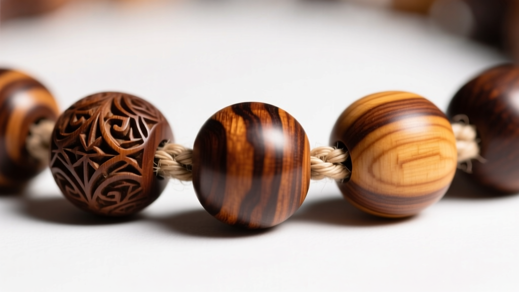 Macro shot of carved mahogany and sandalwood brown beads on hemp cord, showing natural wood grain and matte textures in soft light.