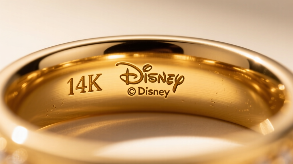 Macro photography of the inside of a 14k yellow gold Disney ring showing the engraved 14K hallmark and Disney copyright stamp.