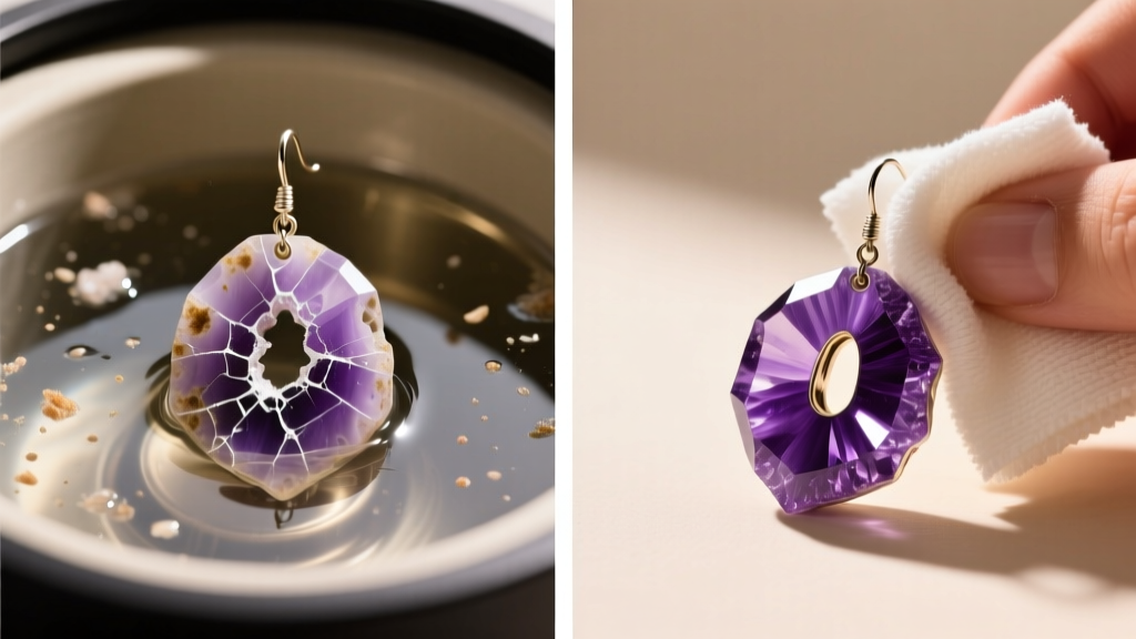 Split view showing porous sugilite earring damaged in ultrasonic cleaner versus being gently wiped with a soft microfiber cloth.