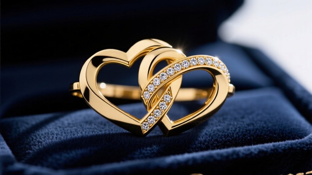 Macro shot of an 18k yellow gold interlocking double heart pendant with a tiny diamond pavé accent, resting on dark navy velvet.