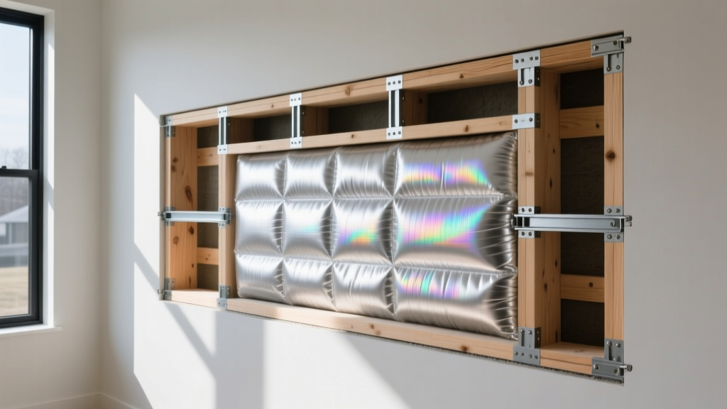 Cross-section of a modern wall cavity revealing silver aerogel blanket insulation layered behind structural framing in a high-performance home
