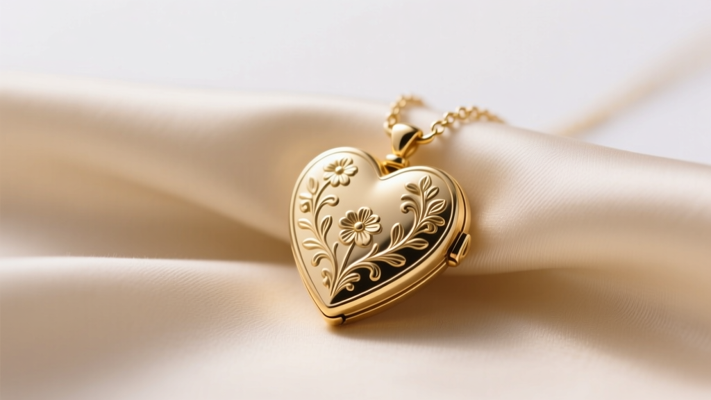 Close-up of a delicate gold vermeil heart locket necklace on beige silk, soft studio lighting highlighting engraved vintage details.