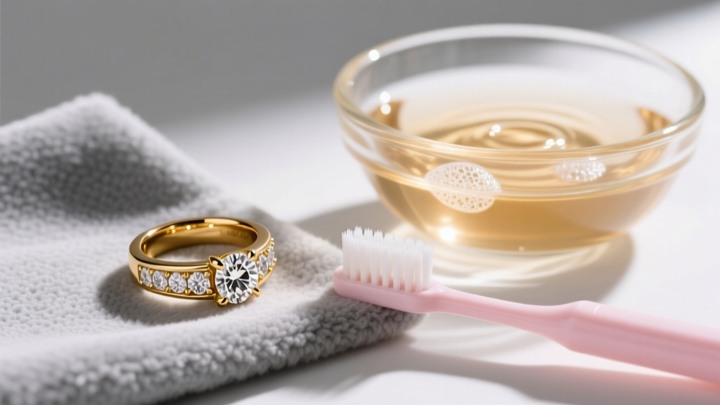 Grimy 14k gold diamond ring on a grey microfiber cloth next to a glass bowl of warm soapy water and a soft baby toothbrush