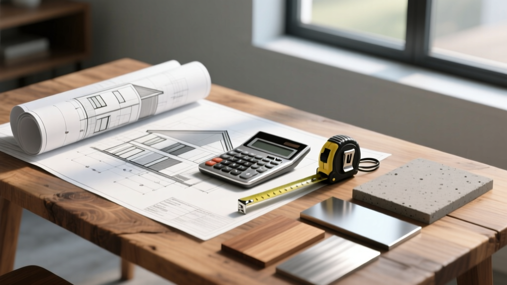 Architectural blueprints spread on a wooden table next to a calculator, tape measure, and material samples for a modern two-story home build