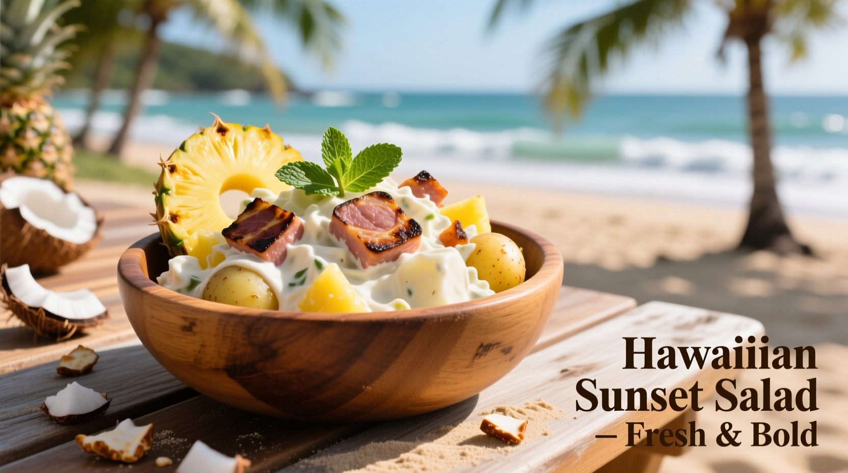 Creamy Hawaiian potato salad in wooden bowl with Spam and pineapple