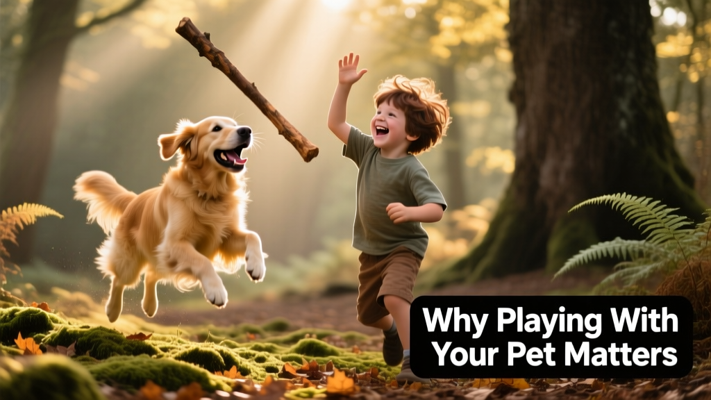 a young boy playing with a dog and a stick in a woodland area