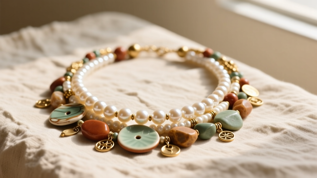 Flat lay of a bohemian-style layered anthropologie pearl necklace featuring mixed media beads on a rustic linen fabric background
