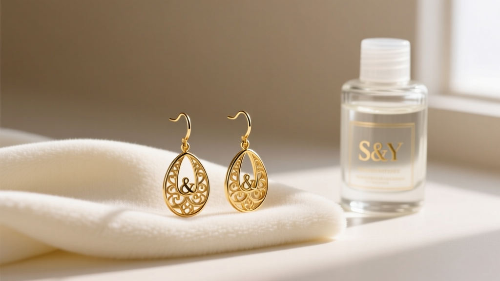 Close-up of 14k gold vermeil S&Y drop earrings resting on a microfiber cloth next to a jewelry cleaner bottle in soft light