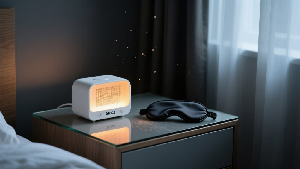 The Snooz mechanical white noise machine sitting on a bedside table next to a sleeping mask, emitting a soft amber nightlight glow in a dark room.