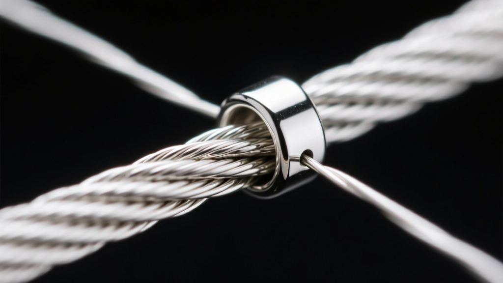Macro photography of 49-strand nylon-coated stainless steel beading wire threading through a 2mm sterling silver crimp tube.