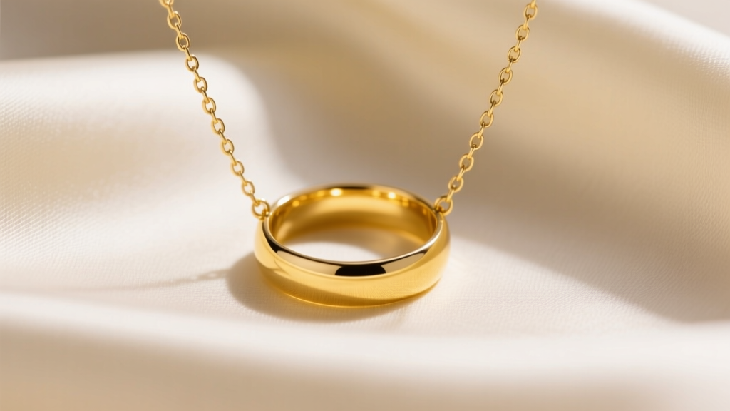 Close-up of a yellow gold wedding band on a delicate 18-inch box chain necklace resting against soft cream silk fabric