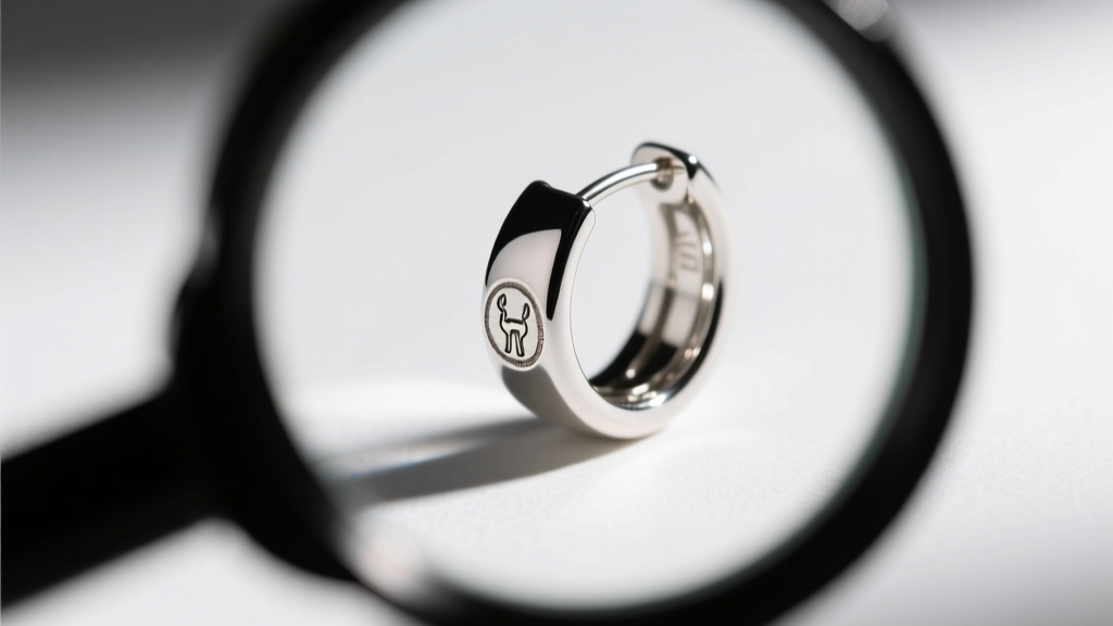 A jeweler loupe examining the hallmark stamp on the back of an alpaca silver huggie earring under bright, focused LED light.