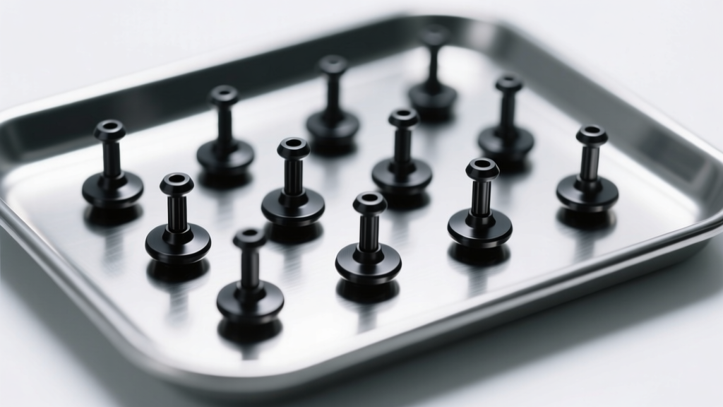 Macro shot of titanium dermal anchors with matte black PVD coating resting on a sterile surgical tray under soft, clinical lighting