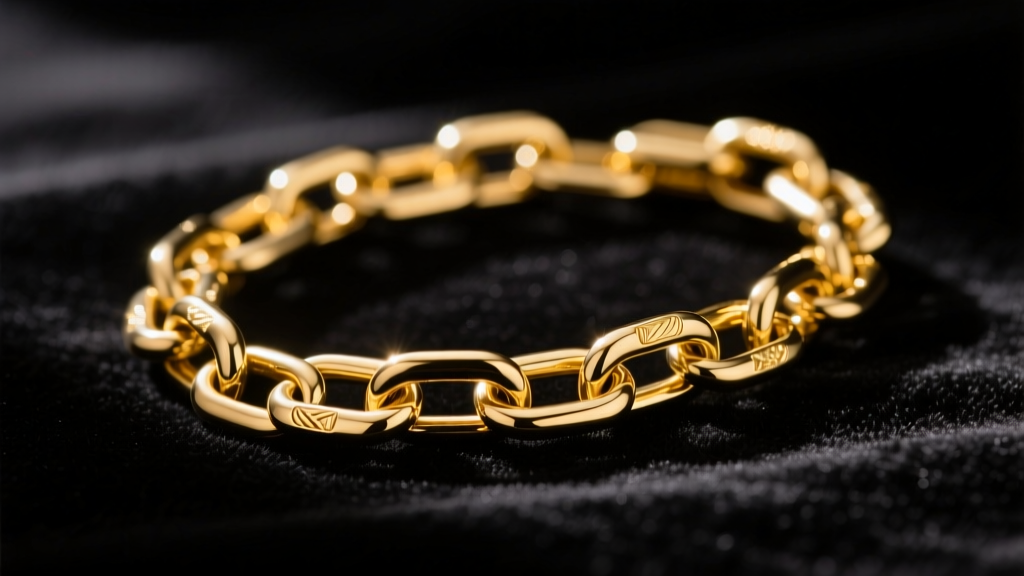 Close-up of an elegant 18k yellow gold paperclip chain on dark velvet, highlighting rich luster and precise link soldering