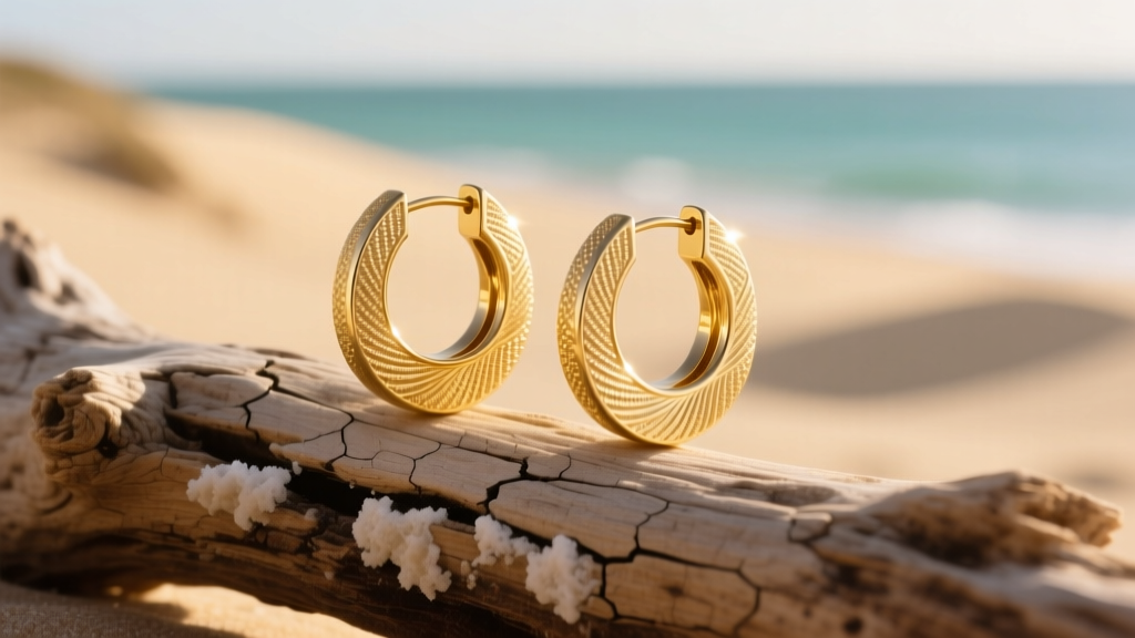 Close-up of textured 18k gold vermeil Laguna style hoop earrings resting on weathered driftwood against soft coastal sunlight
