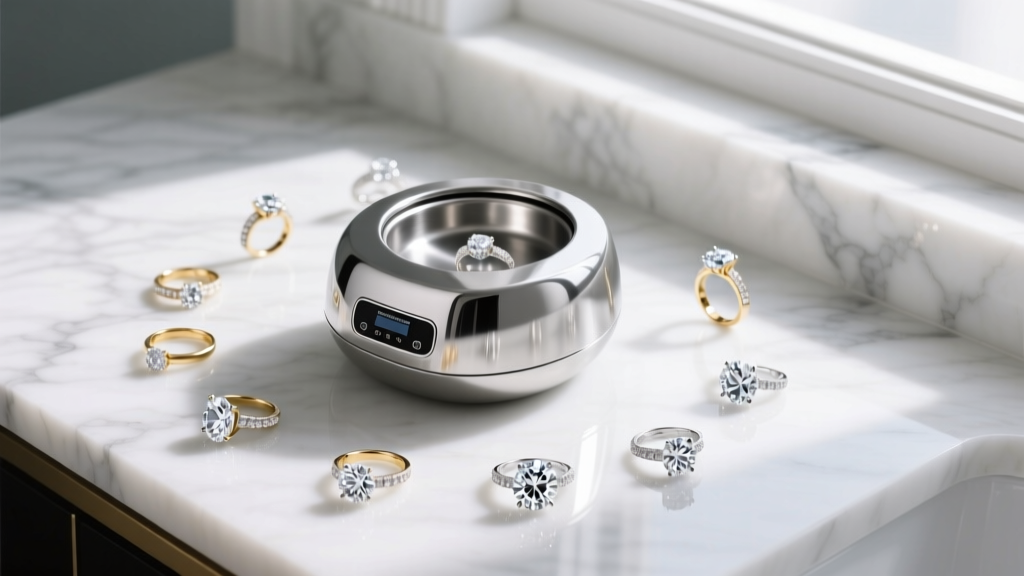 Stainless steel ultrasonic jewelry cleaner on a marble vanity next to diamond rings, top-down angle in soft natural lighting