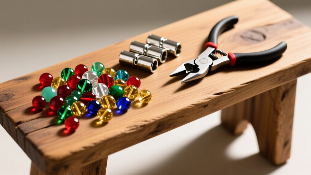 Overhead flat lay of a wooden bench with vibrant glass seed beads, silver crimp tubes, and precision flush cutters in warm light.