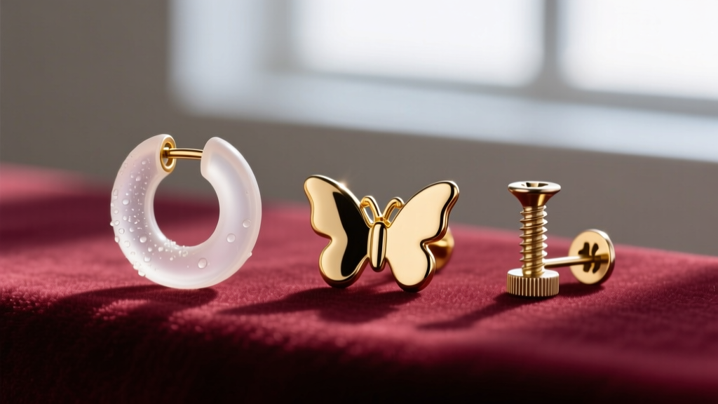 Macro shot of three earring backs types on velvet: a clear silicone O-ring, a gold butterfly back, and a threaded screw back.