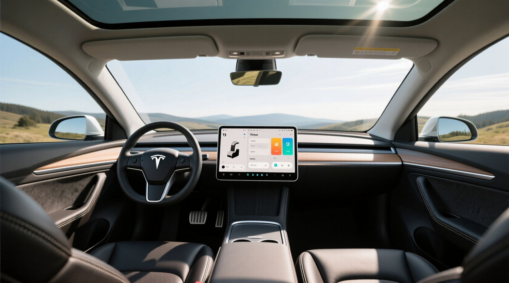 Tesla Model 3 Highland interior showing the 15-inch touchscreen and premium materials.