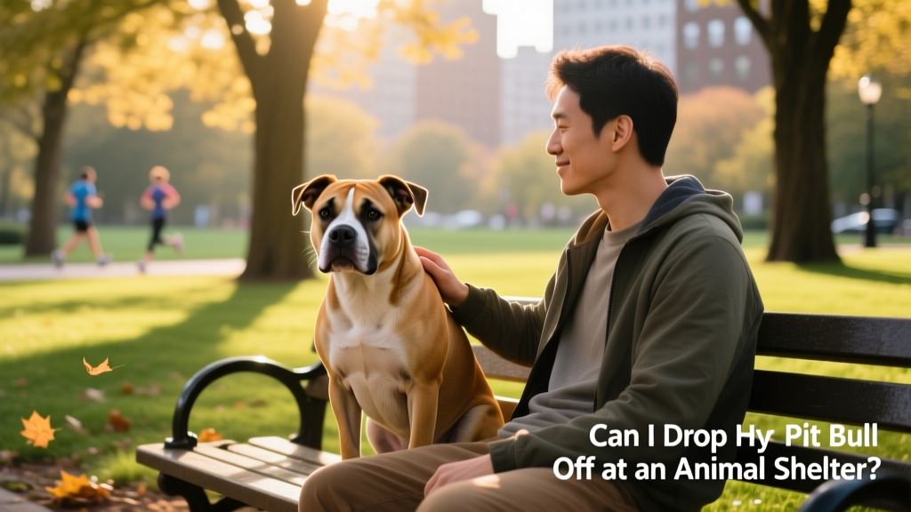 A calm, well-groomed pit bull sitting beside a person on a park bench