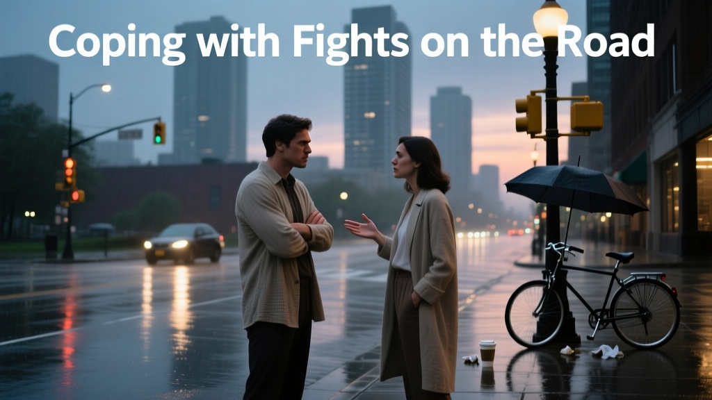 a couple in front of a city landscape