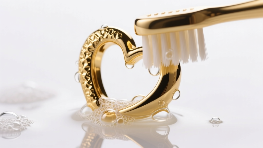 Soft toothbrush scrubbing the top cleft of a textured gold heart earring in a soapy jewelry bath under bright studio light.