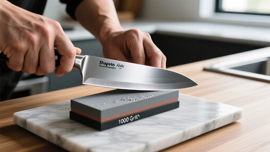 Hands sharpening a high-carbon stainless steel kitchen knife on a Shapton Kuromaku 1000-grit whetstone with gray steel slurry visible