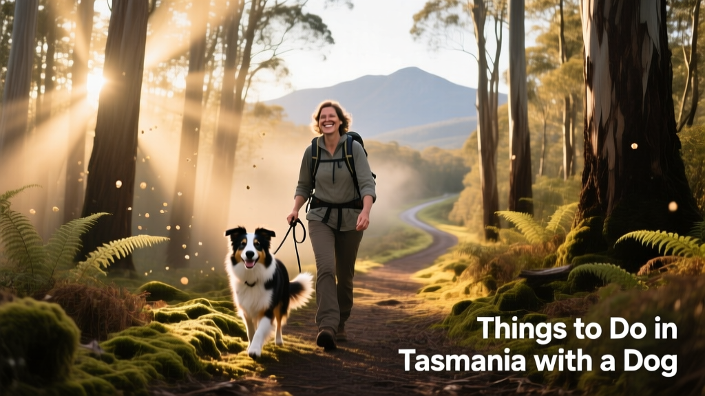 a person walking along a forested hiking trail in Tasmania, with sunlight filtering through tall eucalyptus trees