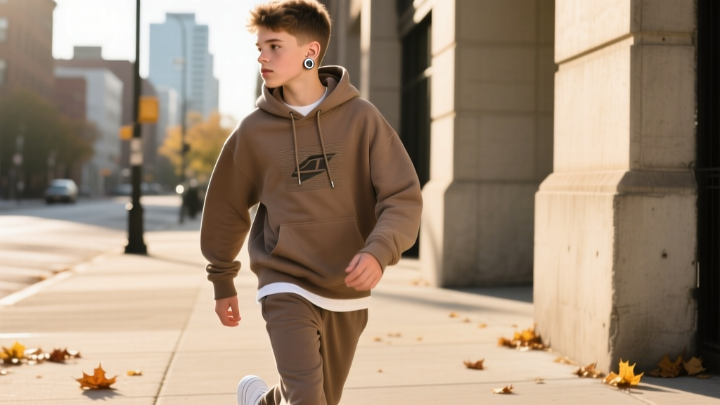 Stylish teenage boy wearing a single 16-gauge titanium helix hoop earring, soft natural lighting, modern streetwear