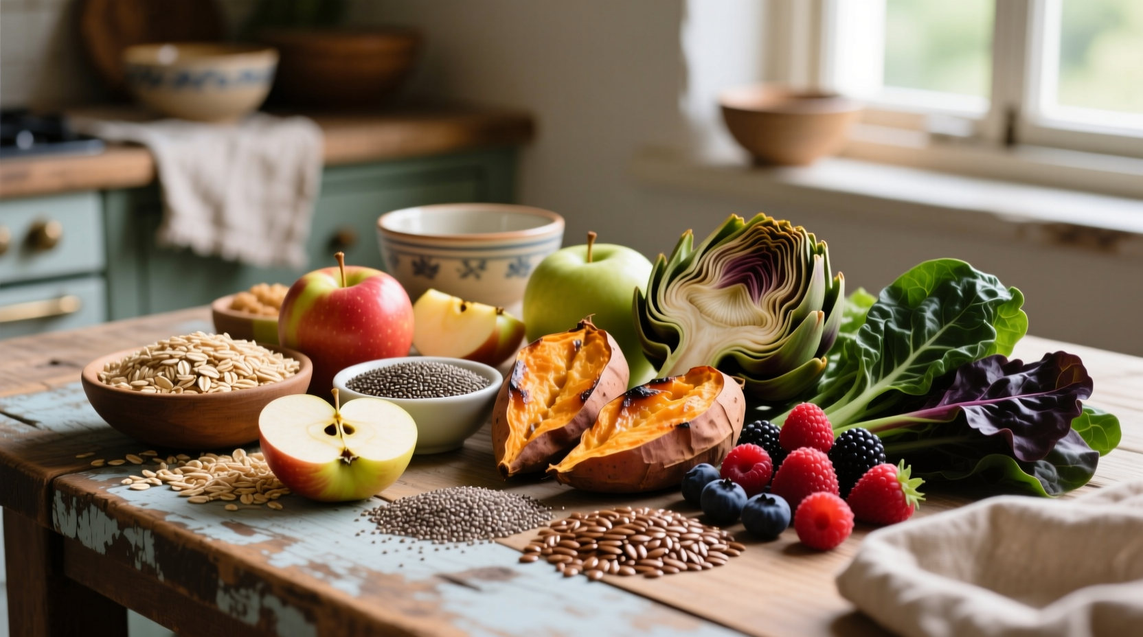 Colorful assortment of high-fiber foods on wooden table