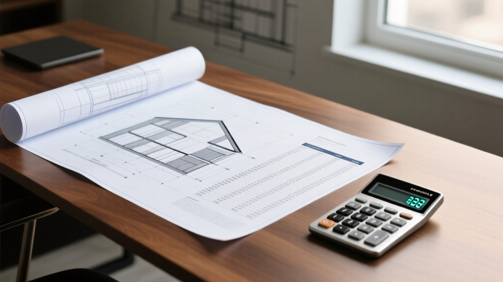 Architectural blueprints spread on a wooden desk alongside a detailed construction cost spreadsheet and a modern calculator