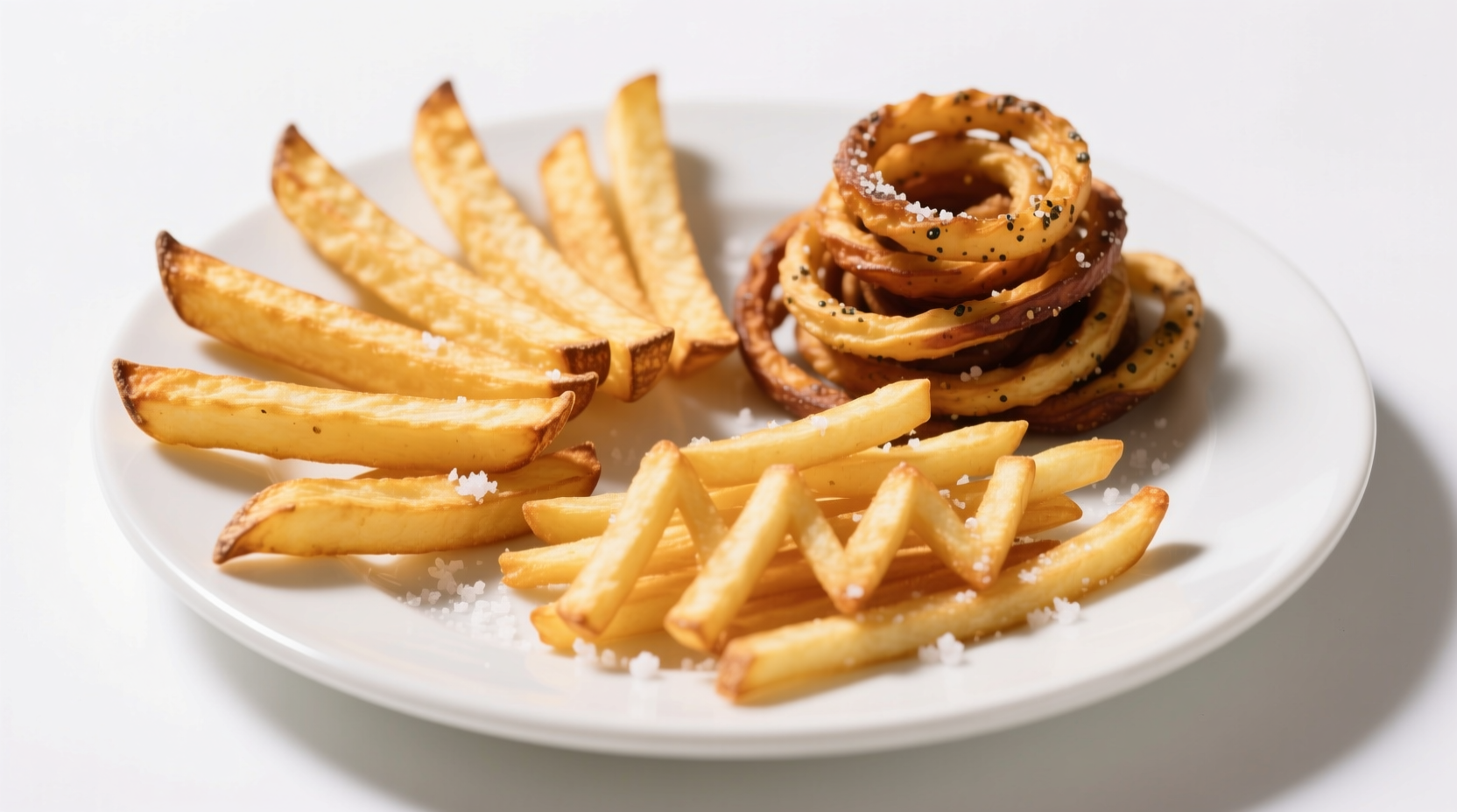 Various potato fry styles on white plate
