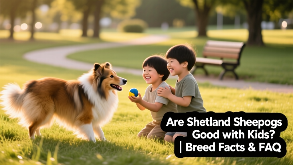 A Shetland Sheepdog and two children playing gently in a grassy park, all smiling and engaged